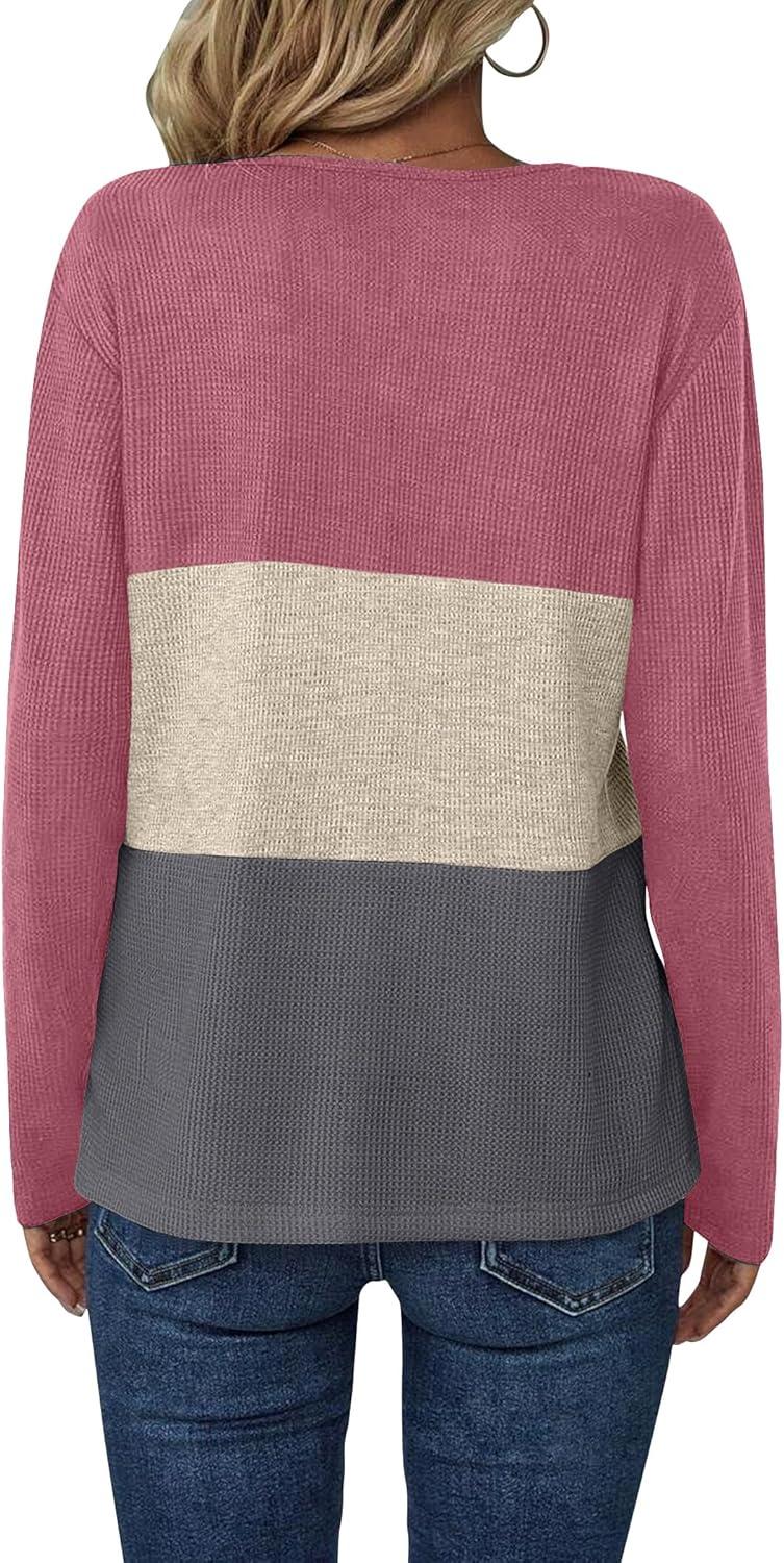 imageZeagoo Womens Waffle Shirts V Neck Long Sleeve Tops Color Block TShirts Casual Pullover Tunics 2025 Fashion Basic TeesPink PurpleBeigeDark Gray
