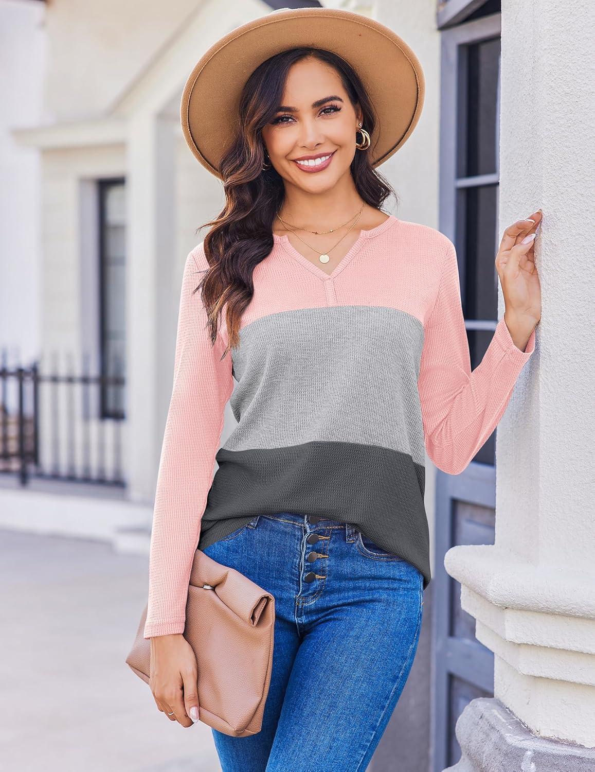 imageZeagoo Womens Waffle Shirts V Neck Long Sleeve Tops Color Block TShirts Casual Pullover Tunics 2025 Fashion Basic TeesPinkGrayCharcoal