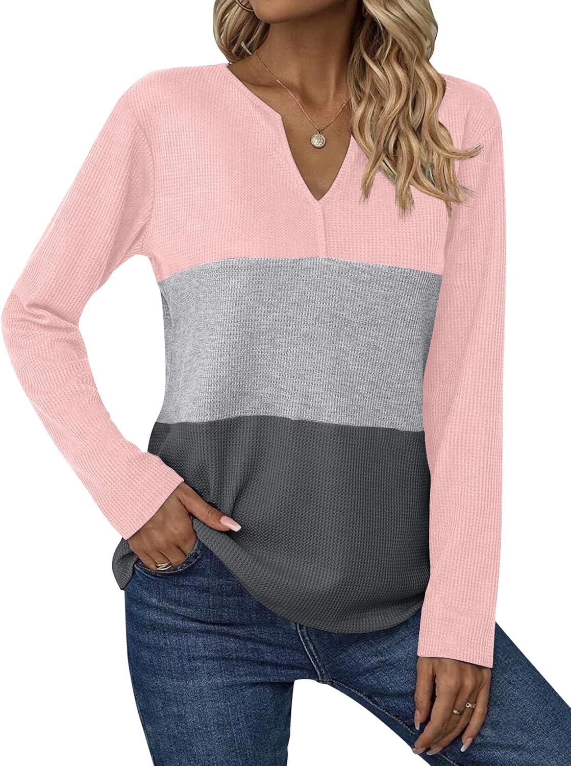 imageZeagoo Womens Waffle Shirts V Neck Long Sleeve Tops Color Block TShirts Casual Pullover Tunics 2025 Fashion Basic TeesPinkGrayCharcoal