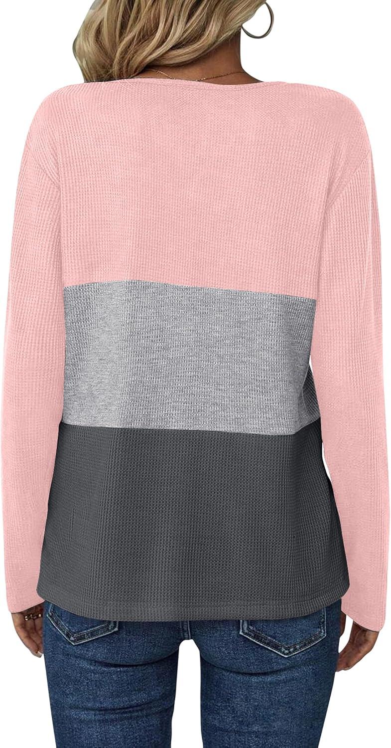 imageZeagoo Womens Waffle Shirts V Neck Long Sleeve Tops Color Block TShirts Casual Pullover Tunics 2025 Fashion Basic TeesPinkGrayCharcoal