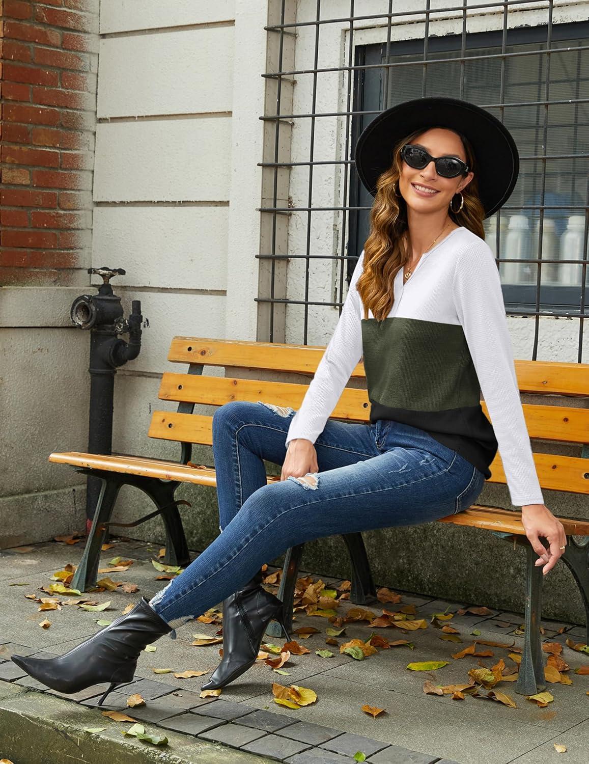 imageZeagoo Womens Waffle Shirts V Neck Long Sleeve Tops Color Block TShirts Casual Pullover Tunics 2025 Fashion Basic TeesWhiteArmy GreenBlack