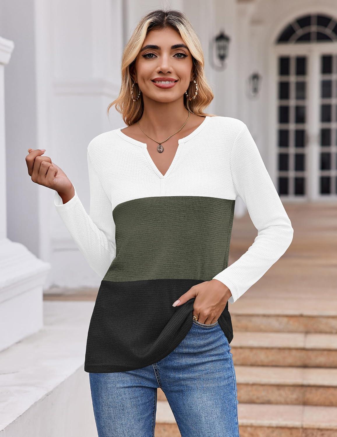 imageZeagoo Womens Waffle Shirts V Neck Long Sleeve Tops Color Block TShirts Casual Pullover Tunics 2025 Fashion Basic TeesWhiteArmy GreenBlack
