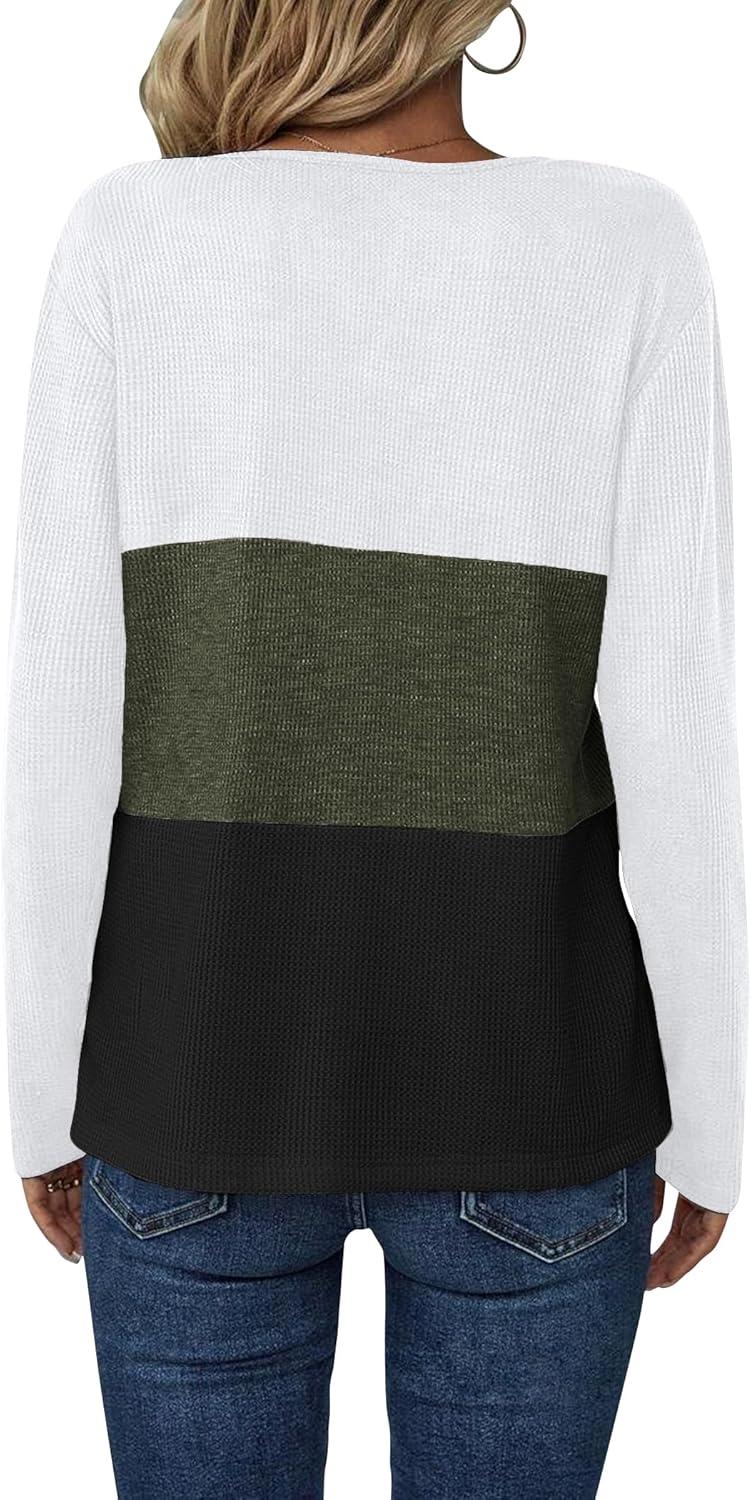 imageZeagoo Womens Waffle Shirts V Neck Long Sleeve Tops Color Block TShirts Casual Pullover Tunics 2025 Fashion Basic TeesWhiteArmy GreenBlack