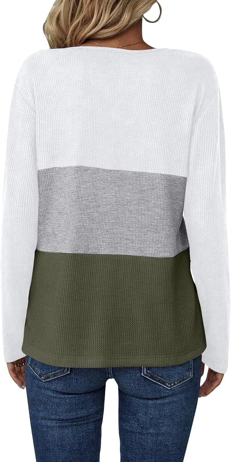 imageZeagoo Womens Waffle Shirts V Neck Long Sleeve Tops Color Block TShirts Casual Pullover Tunics 2025 Fashion Basic TeesWhiteGrayArmy Green