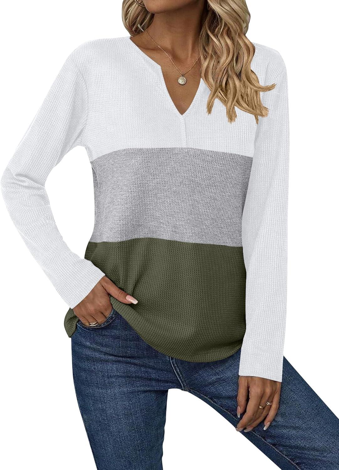 imageZeagoo Womens Waffle Shirts V Neck Long Sleeve Tops Color Block TShirts Casual Pullover Tunics 2025 Fashion Basic TeesWhiteGrayArmy Green
