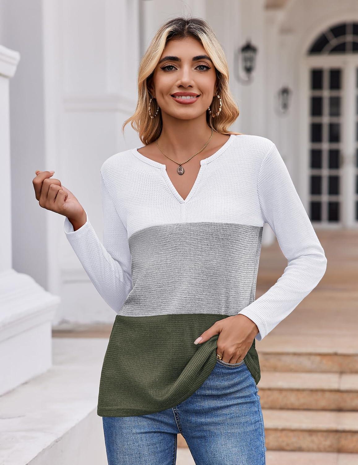 imageZeagoo Womens Waffle Shirts V Neck Long Sleeve Tops Color Block TShirts Casual Pullover Tunics 2025 Fashion Basic TeesWhiteGrayArmy Green
