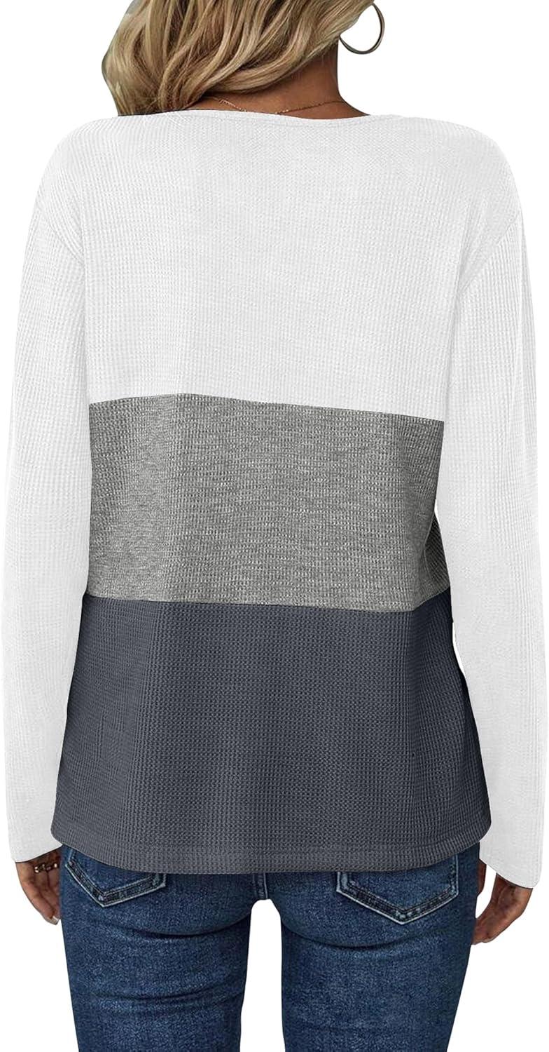 imageZeagoo Womens Waffle Shirts V Neck Long Sleeve Tops Color Block TShirts Casual Pullover Tunics 2025 Fashion Basic TeesWhiteGrayCharcoal