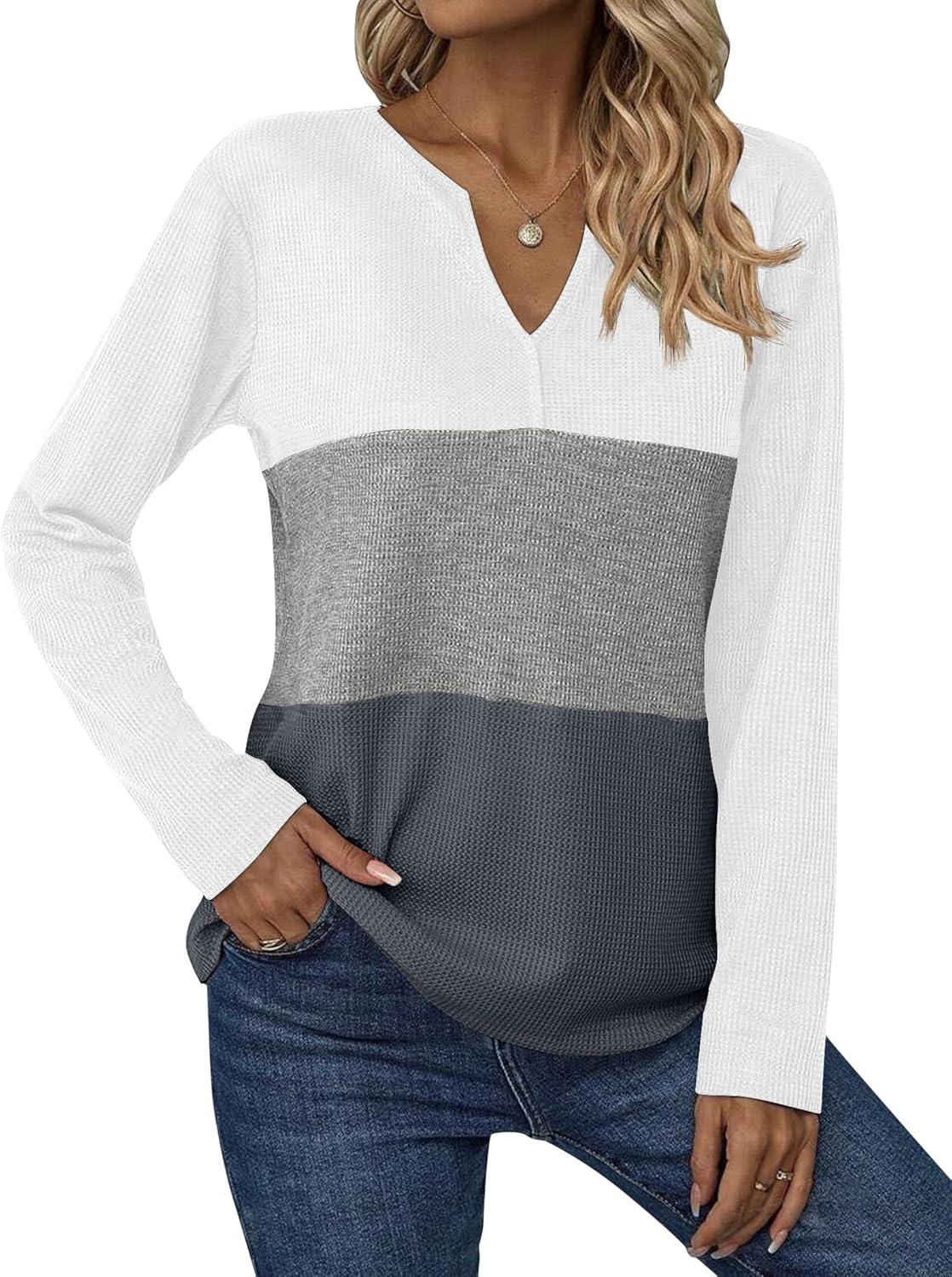 imageZeagoo Womens Waffle Shirts V Neck Long Sleeve Tops Color Block TShirts Casual Pullover Tunics 2025 Fashion Basic TeesWhiteGrayCharcoal