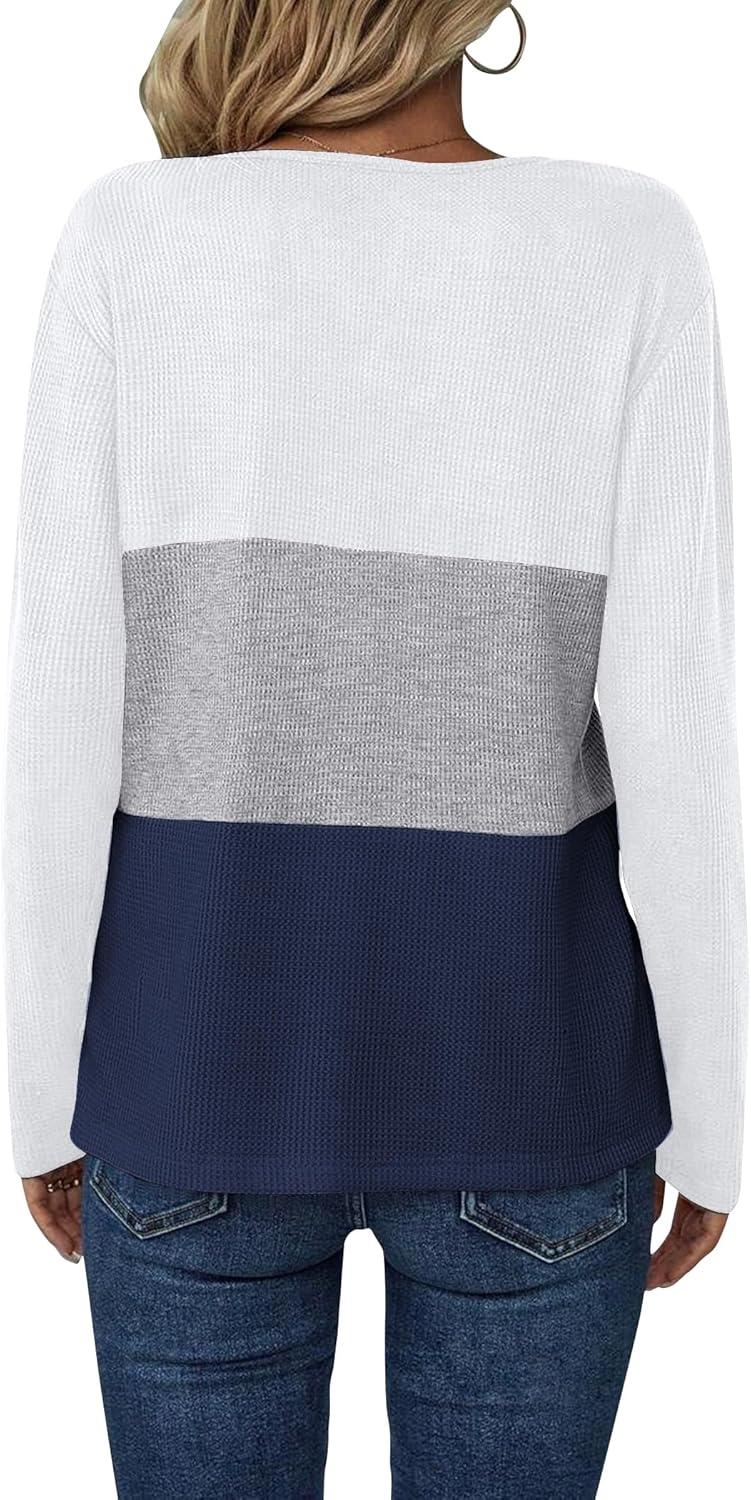 imageZeagoo Womens Waffle Shirts V Neck Long Sleeve Tops Color Block TShirts Casual Pullover Tunics 2025 Fashion Basic TeesWhiteGrayNavy Blue
