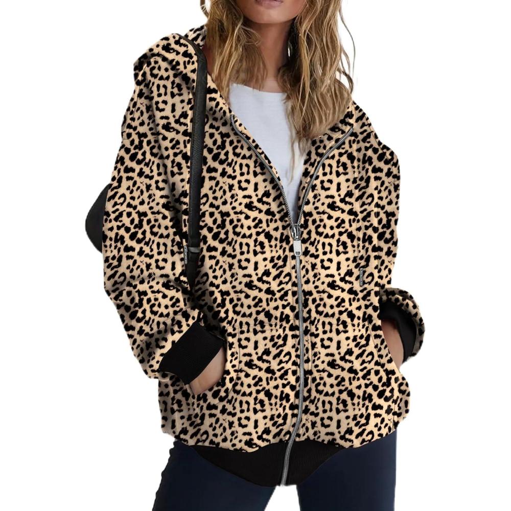imageZEAGOO Hoodies Women Zip Up Hoodie Oversized Sweatshirt Fleece Jackets Spring Fall Winter Coats 2026 FashionLeopard Print