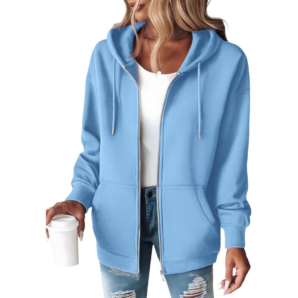 imageZEAGOO Hoodies Women Zip Up Hoodie Oversized Sweatshirt Fleece Jackets Spring Fall Winter Coats 2026 FashionLight Blue