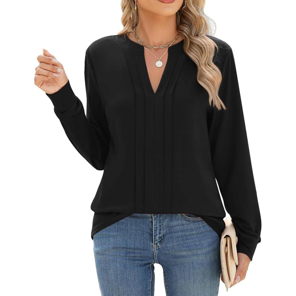 imageZEAGOO Womens Spring Tops Henley V Neck Shirts Long Sleeve Pleated Blouses Dressy Casual Tunic 2026 Basic TeesBlack