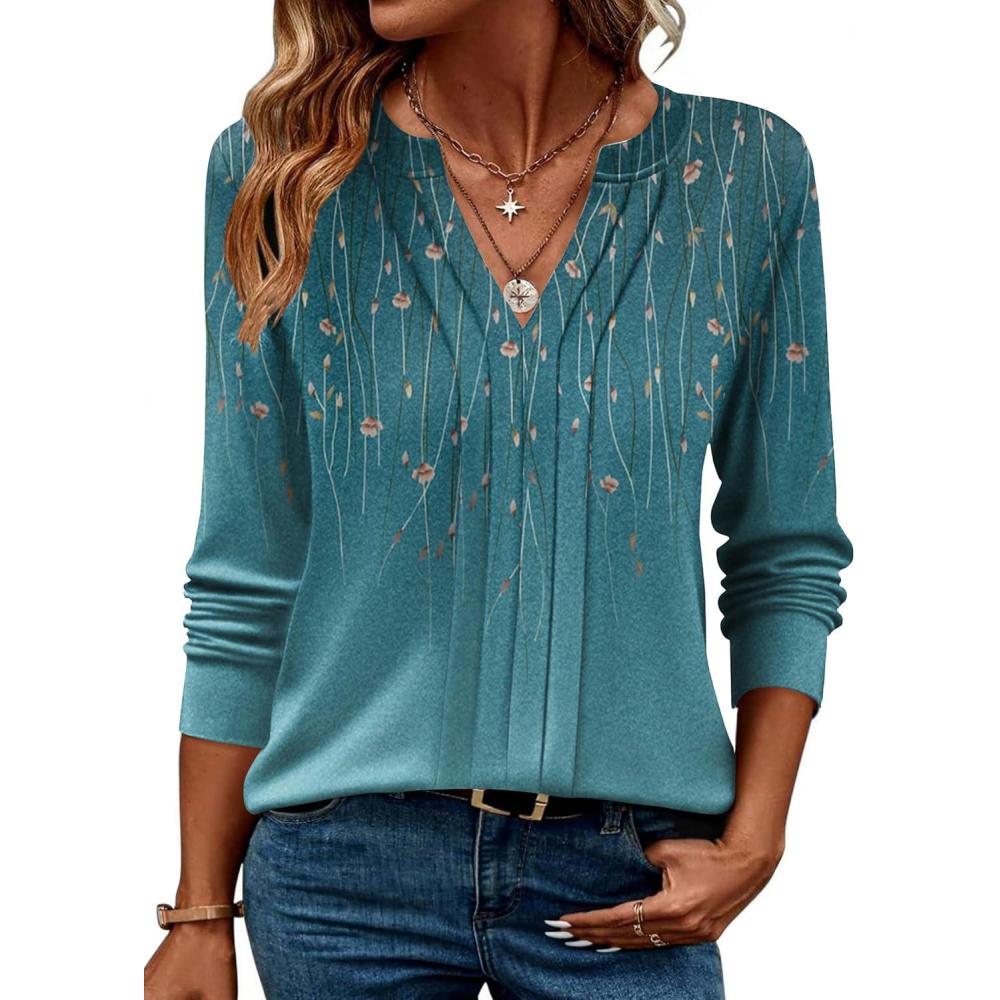 imageZEAGOO Womens Spring Tops Henley V Neck Shirts Long Sleeve Pleated Blouses Dressy Casual Tunic 2026 Basic TeesBlue Green