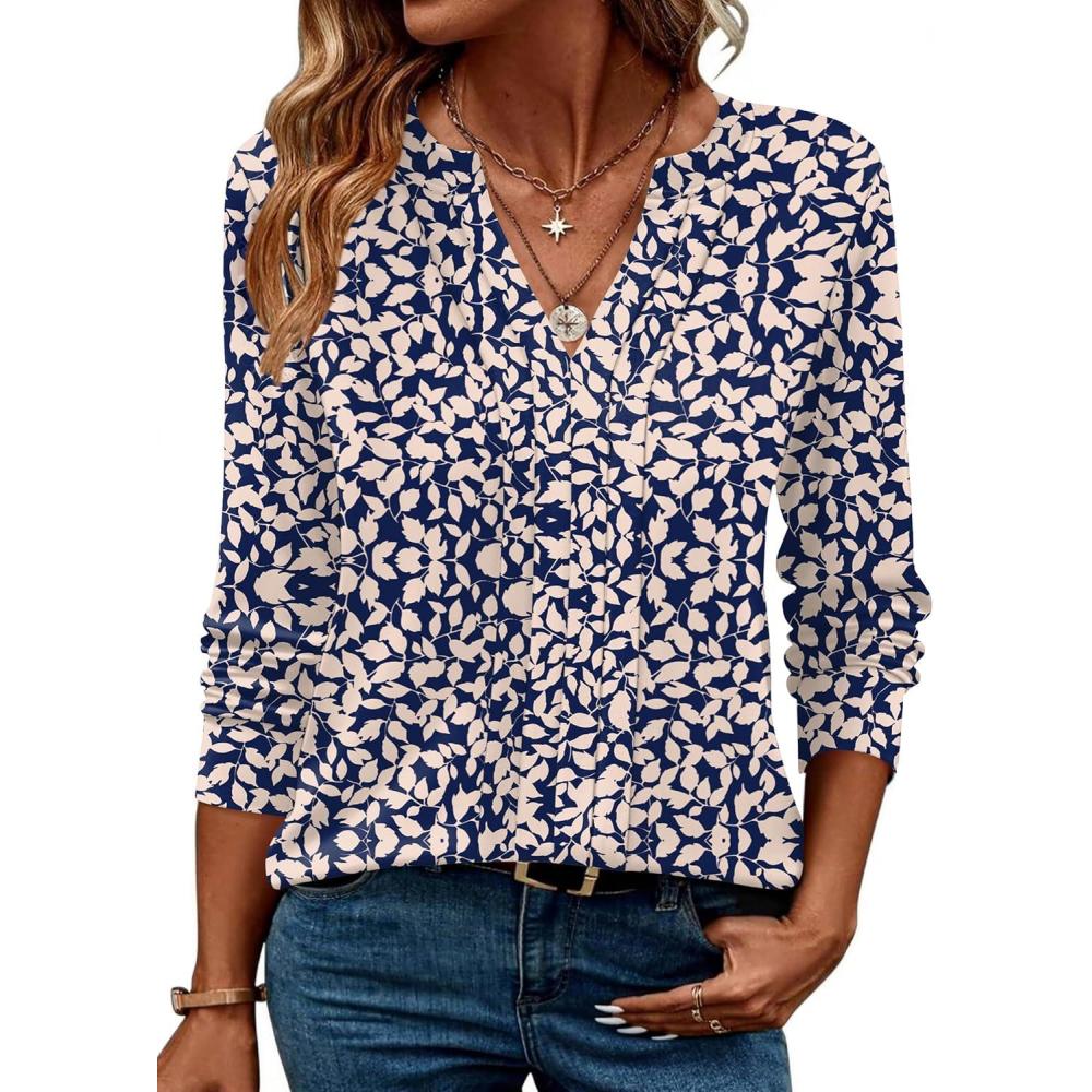 imageZEAGOO Womens Spring Tops Henley V Neck Shirts Long Sleeve Pleated Blouses Dressy Casual Tunic 2026 Basic TeesBlue Pink Floral