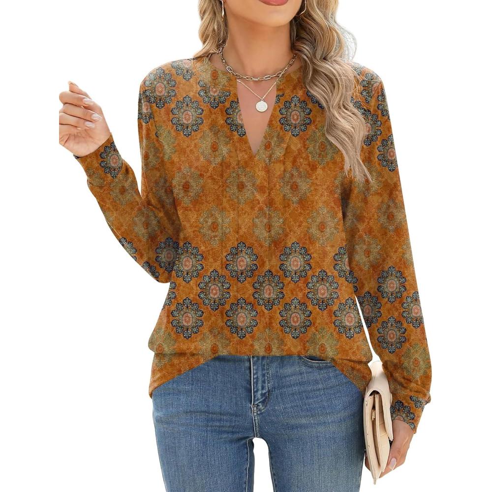 imageZEAGOO Womens Spring Tops Henley V Neck Shirts Long Sleeve Pleated Blouses Dressy Casual Tunic 2026 Basic TeesEthnic Caramel Brown