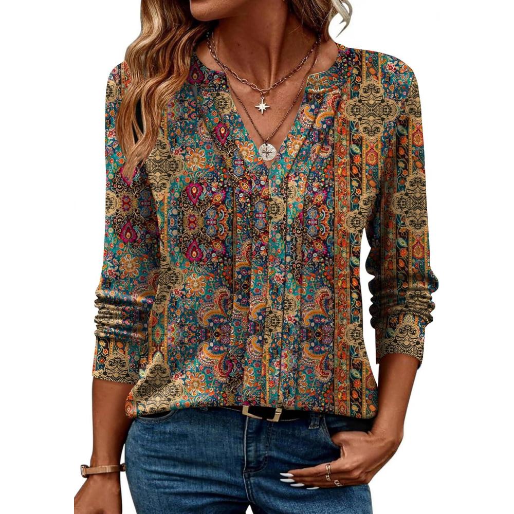 imageZEAGOO Womens Spring Tops Henley V Neck Shirts Long Sleeve Pleated Blouses Dressy Casual Tunic 2026 Basic TeesEthnic Floral