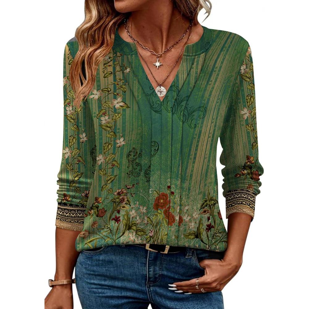 imageZEAGOO Womens Spring Tops Henley V Neck Shirts Long Sleeve Pleated Blouses Dressy Casual Tunic 2026 Basic TeesEthnic Green