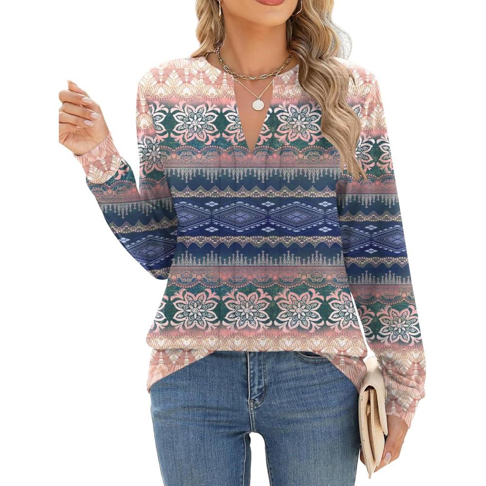 imageZEAGOO Womens Spring Tops Henley V Neck Shirts Long Sleeve Pleated Blouses Dressy Casual Tunic 2026 Basic TeesGradient Pink Blue