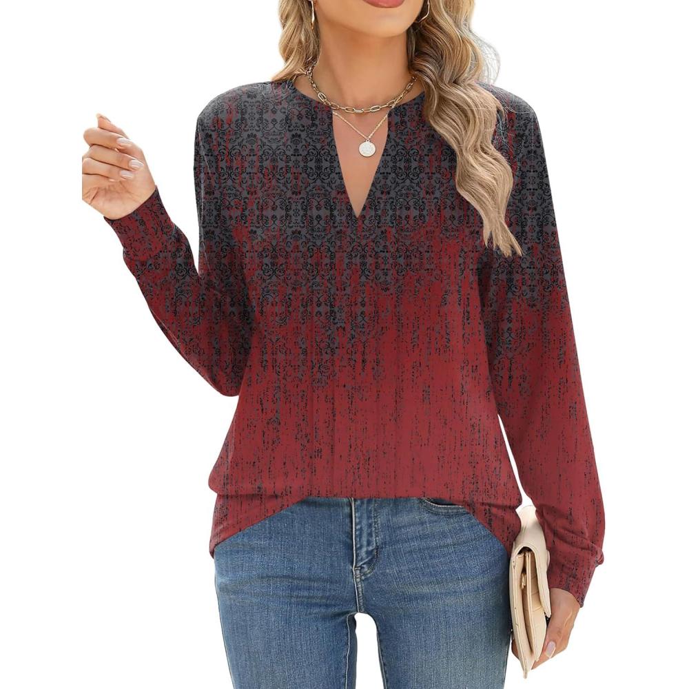 imageZEAGOO Womens Spring Tops Henley V Neck Shirts Long Sleeve Pleated Blouses Dressy Casual Tunic 2026 Basic TeesGrey Red Print