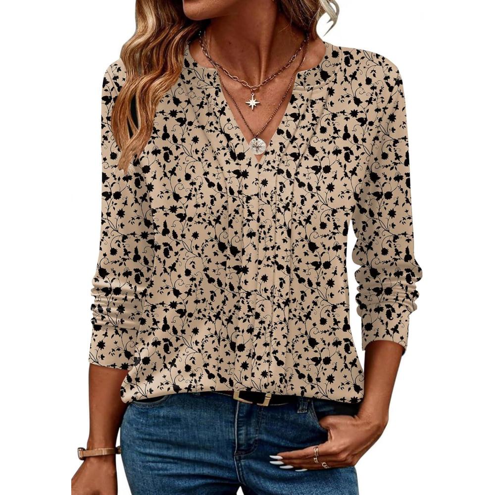 imageZEAGOO Womens Spring Tops Henley V Neck Shirts Long Sleeve Pleated Blouses Dressy Casual Tunic 2026 Basic TeesKhaki Black