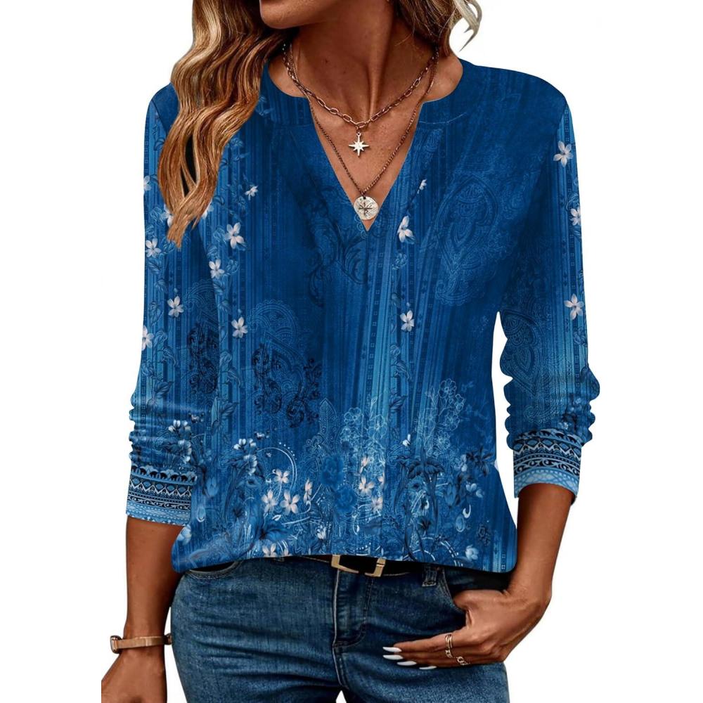 imageZEAGOO Womens Spring Tops Henley V Neck Shirts Long Sleeve Pleated Blouses Dressy Casual Tunic 2026 Basic TeesNavy Floral