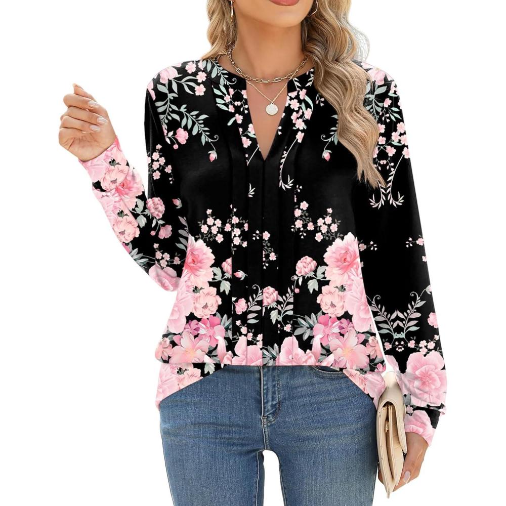 imageZEAGOO Womens Spring Tops Henley V Neck Shirts Long Sleeve Pleated Blouses Dressy Casual Tunic 2026 Basic TeesPink Black