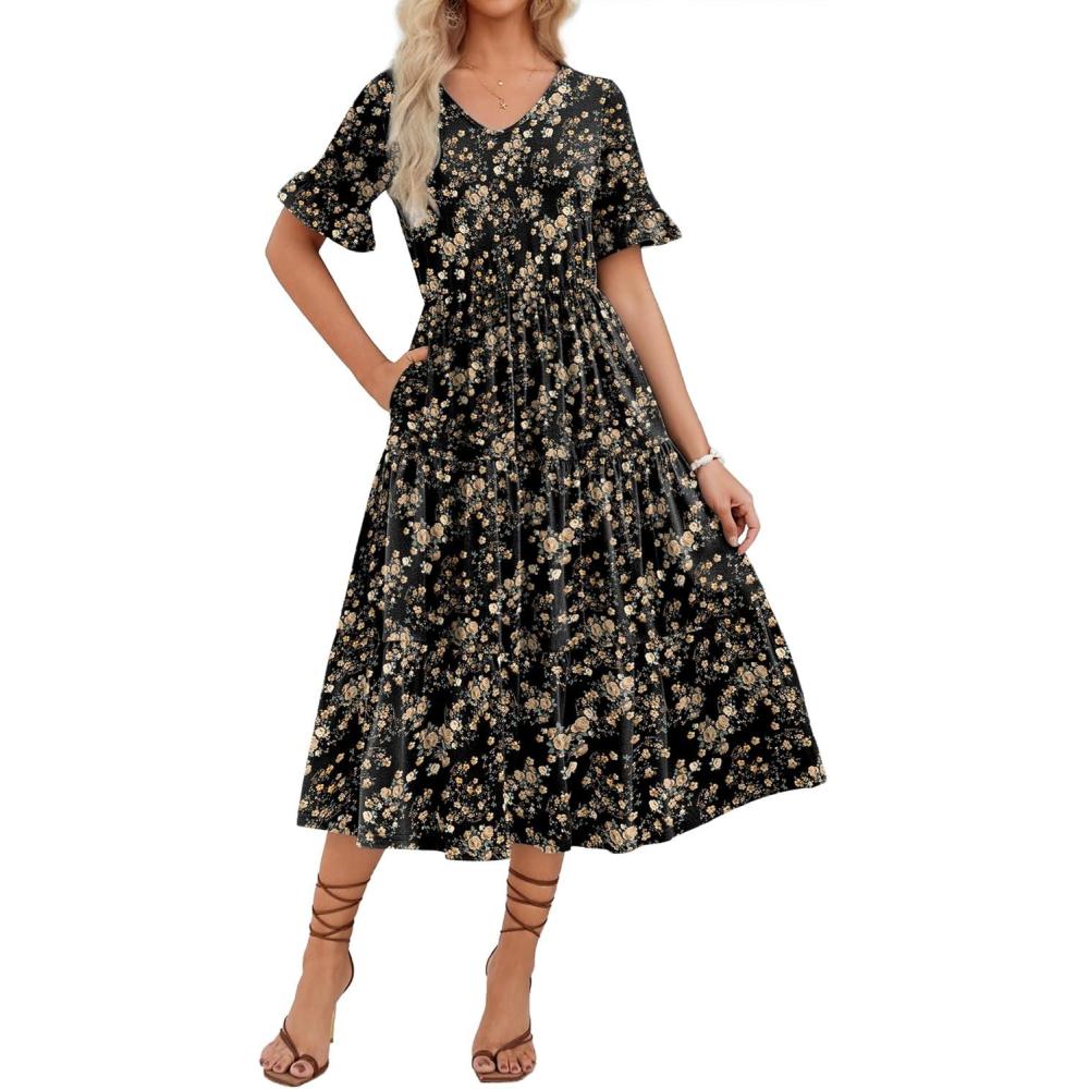 imageZEAGOO Womens Summer Dresses Midi Tiered Casual Dress Floral V Neck Ruffle Short Sleeve Flowy Beach Dress with PocketsBlack Yellow Floral