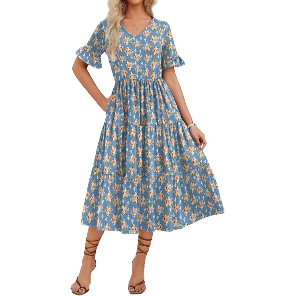 imageZEAGOO Womens Summer Dresses Midi Tiered Casual Dress Floral V Neck Ruffle Short Sleeve Flowy Beach Dress with PocketsBlue Orange Floral