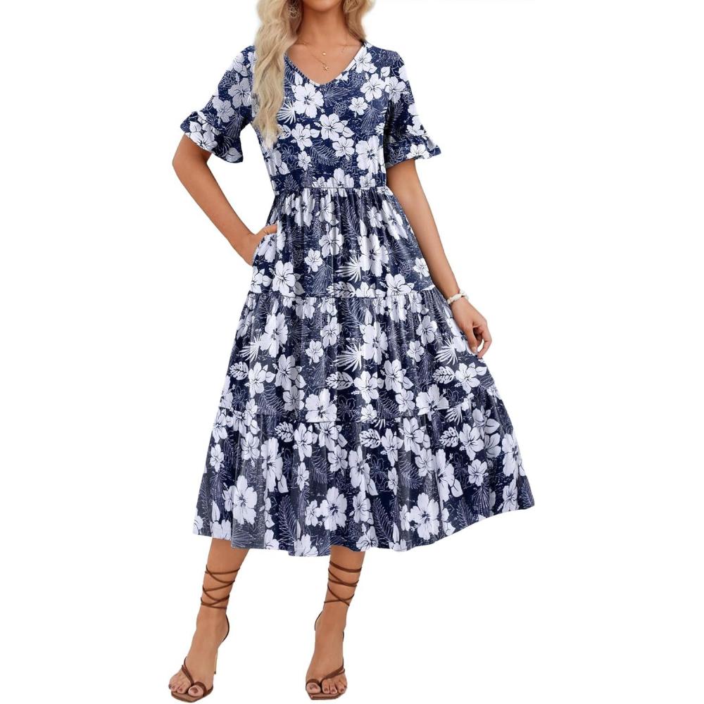 imageZEAGOO Womens Summer Dresses Midi Tiered Casual Dress Floral V Neck Ruffle Short Sleeve Flowy Beach Dress with PocketsBlue White Floral