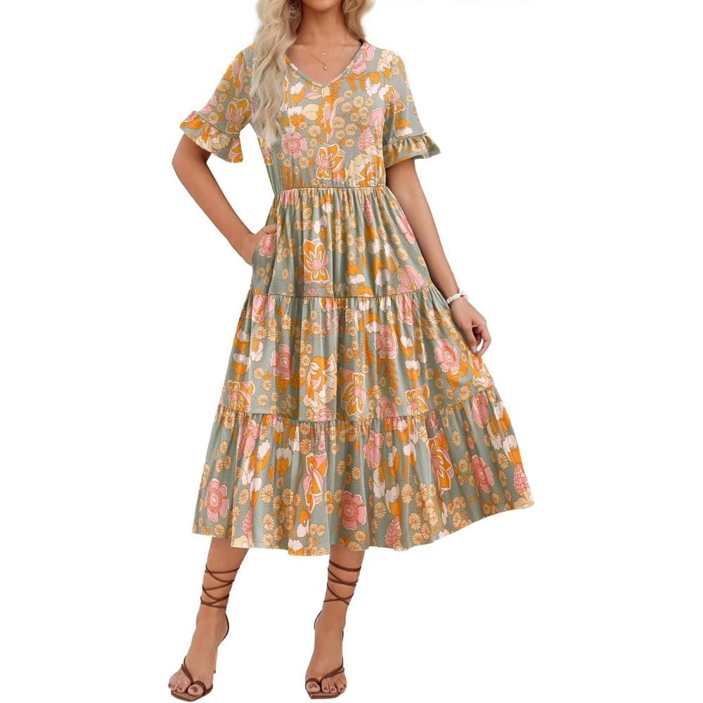imageZEAGOO Womens Summer Dresses Midi Tiered Casual Dress Floral V Neck Ruffle Short Sleeve Flowy Beach Dress with PocketsOrange Floral