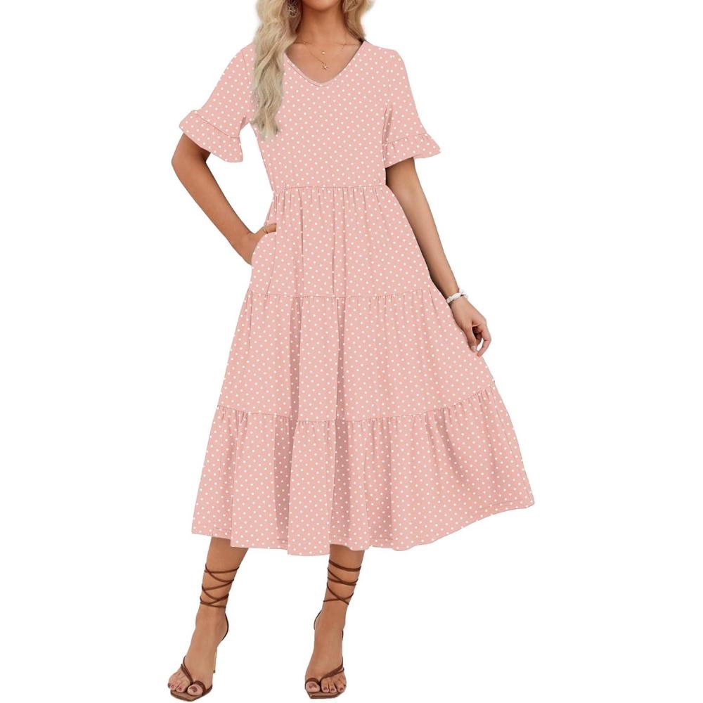 imageZEAGOO Womens Summer Dresses Midi Tiered Casual Dress Floral V Neck Ruffle Short Sleeve Flowy Beach Dress with PocketsPink Round Dot