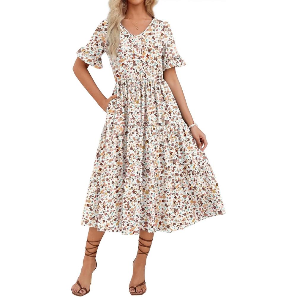 imageZEAGOO Womens Summer Dresses Midi Tiered Casual Dress Floral V Neck Ruffle Short Sleeve Flowy Beach Dress with PocketsWhite Pink Floral