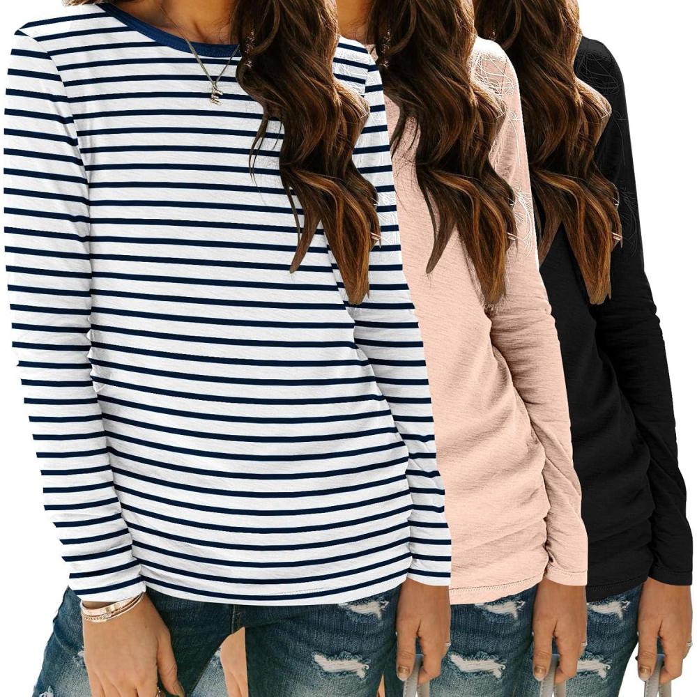 imageZeagoo 3 Pack Long Sleeve Shirts for Women Casual Soft Crewneck Basic Tee Tops Fall Outfit ClothesStripe Navyblackcream