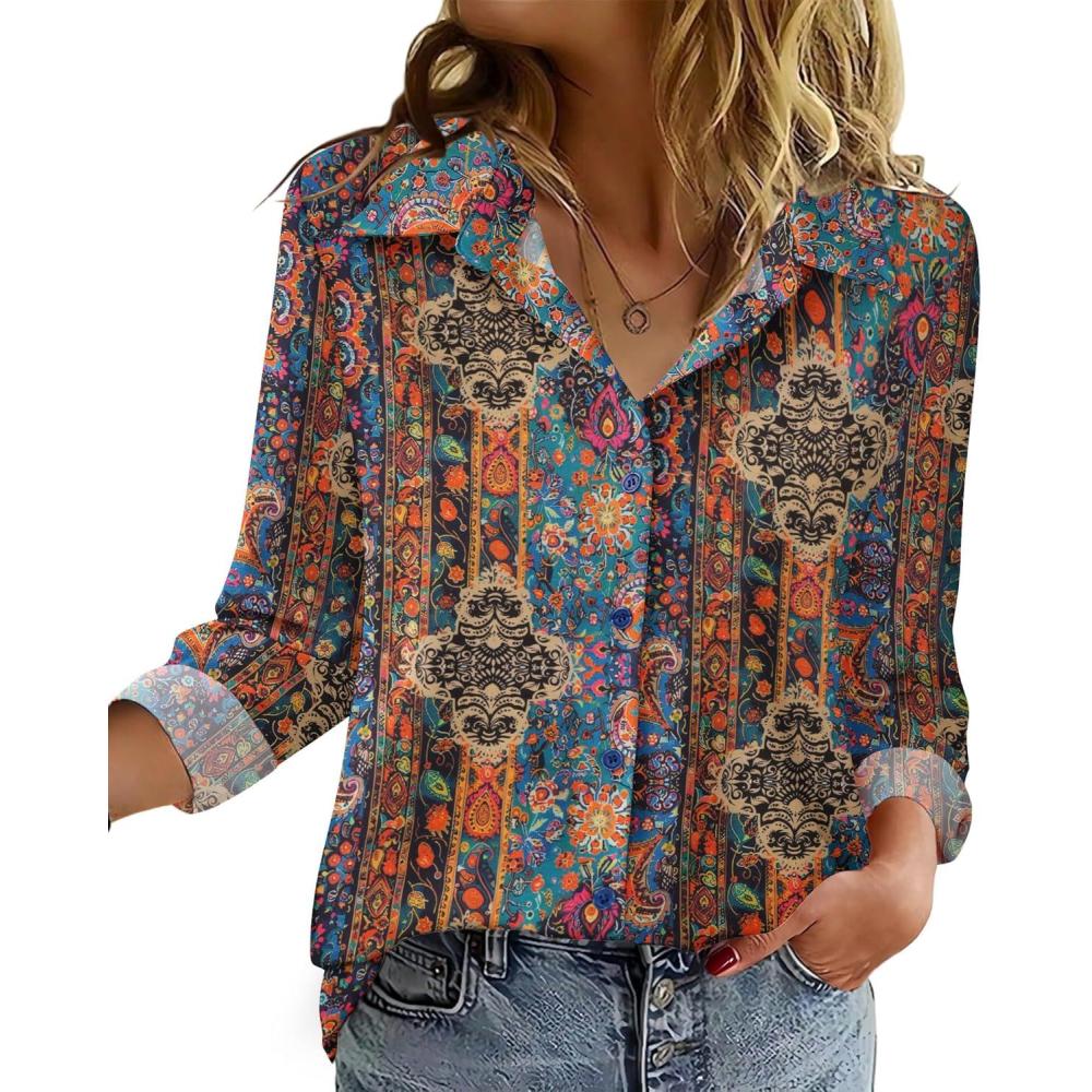 imageZeagoo Blouse for Women Dressy Long Sleeve Button Down Shirts Business Casual Outfit Lightweight SolidPrinted TopsBoho Multicolor 721
