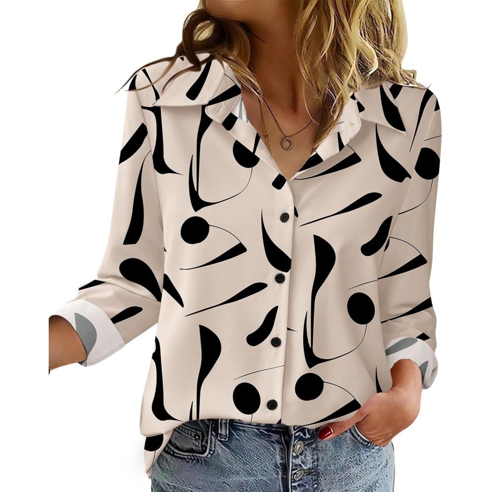 imageZeagoo Blouse for Women Dressy Long Sleeve Button Down Shirts Business Casual Outfit Lightweight SolidPrinted TopsGeometric Beige 602