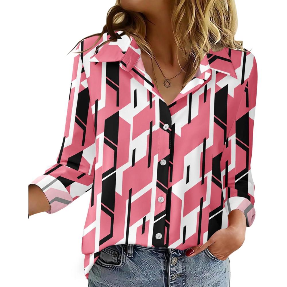 imageZeagoo Blouse for Women Dressy Long Sleeve Button Down Shirts Business Casual Outfit Lightweight SolidPrinted TopsGeometric Pink 603