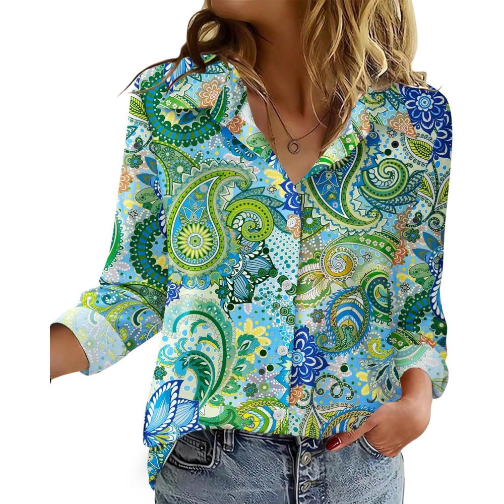 imageZeagoo Blouse for Women Dressy Long Sleeve Button Down Shirts Business Casual Outfit Lightweight SolidPrinted TopsPaisley Green Blue 2