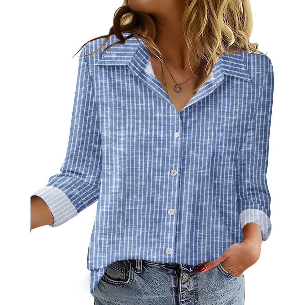 imageZeagoo Blouse for Women Dressy Long Sleeve Button Down Shirts Business Casual Outfit Lightweight SolidPrinted TopsStripes Blue 273