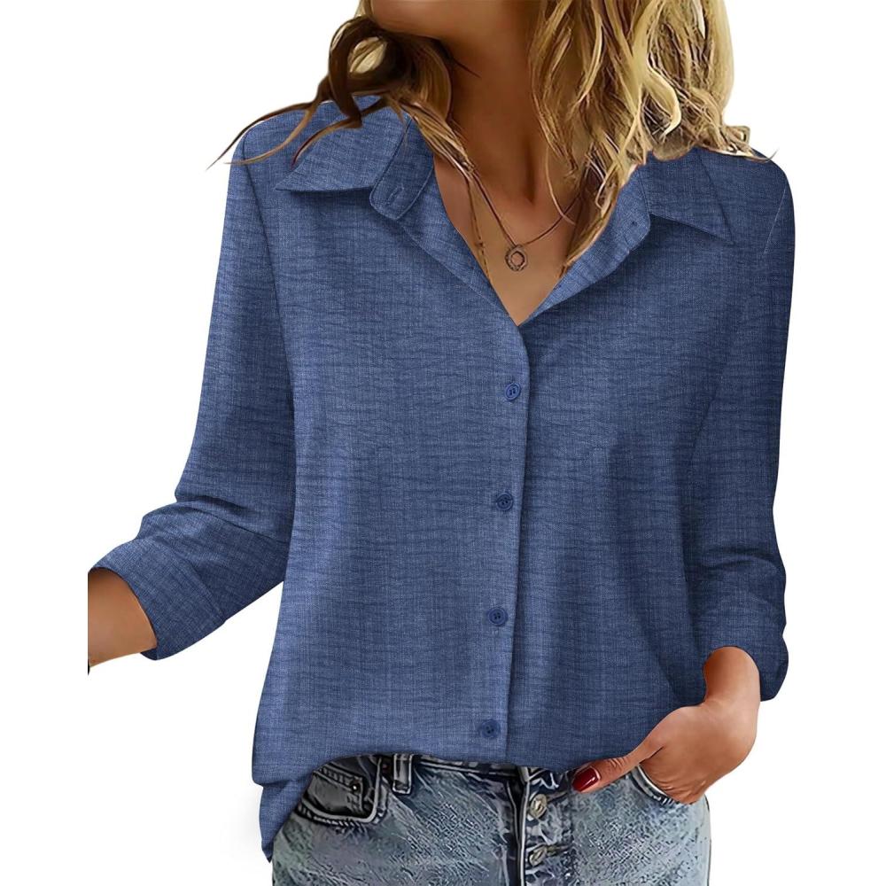 imageZeagoo Blouse for Women Dressy Long Sleeve Button Down Shirts Business Casual Outfit Lightweight SolidPrinted TopsZ Denim Blue
