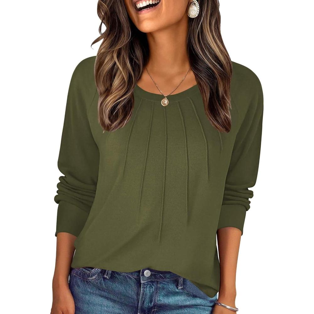 imageZeagoo Fall Tops for Women Long Sleeve Shirts Casual Cotton Blouses 2025 Dressy Pleated TunicsArmy Green