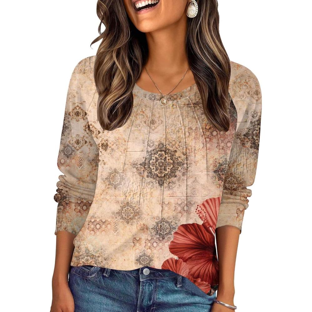 imageZeagoo Fall Tops for Women Long Sleeve Shirts Casual Cotton Blouses 2025 Dressy Pleated TunicsBeige Floral