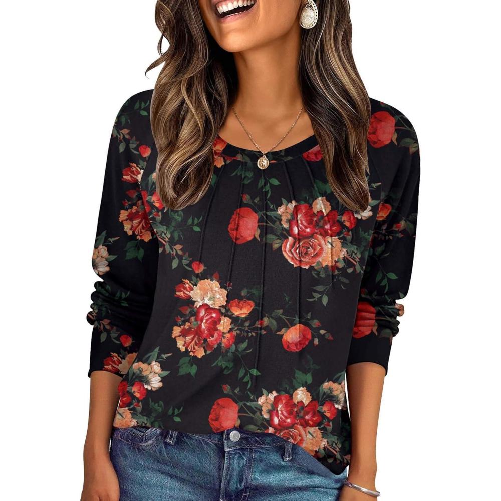 imageZeagoo Fall Tops for Women Long Sleeve Shirts Casual Cotton Blouses 2025 Dressy Pleated TunicsBlack Floral