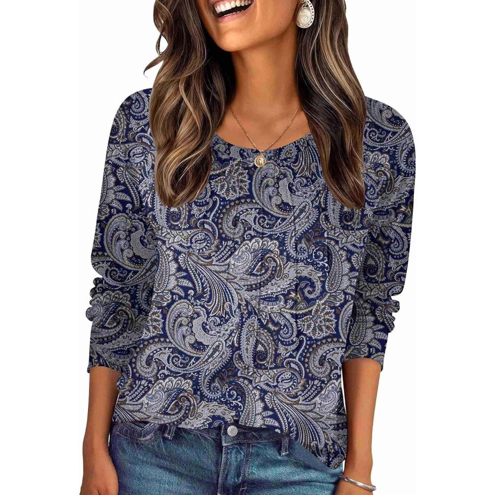 imageZeagoo Fall Tops for Women Long Sleeve Shirts Casual Cotton Blouses 2025 Dressy Pleated TunicsChic Print 01