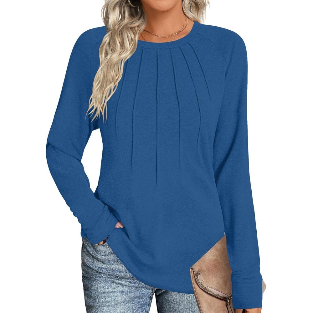 imageZeagoo Fall Tops for Women Long Sleeve Shirts Casual Cotton Blouses 2025 Dressy Pleated TunicsDeep Sky Blue