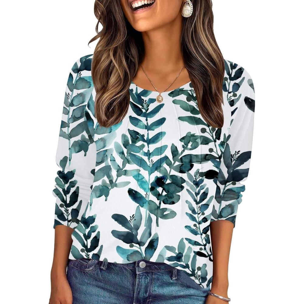 imageZeagoo Fall Tops for Women Long Sleeve Shirts Casual Cotton Blouses 2025 Dressy Pleated TunicsLeaf Print