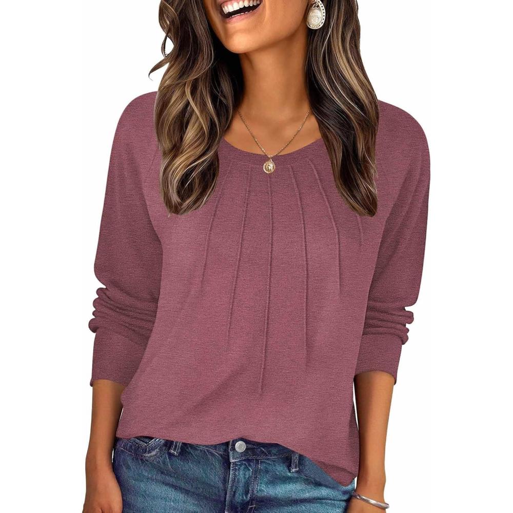 imageZeagoo Fall Tops for Women Long Sleeve Shirts Casual Cotton Blouses 2025 Dressy Pleated TunicsMauve