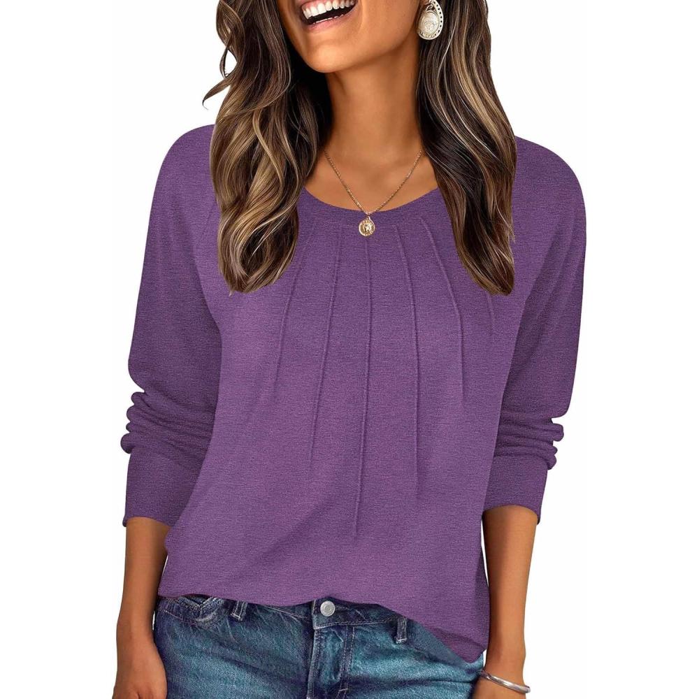 imageZeagoo Fall Tops for Women Long Sleeve Shirts Casual Cotton Blouses 2025 Dressy Pleated TunicsPurple