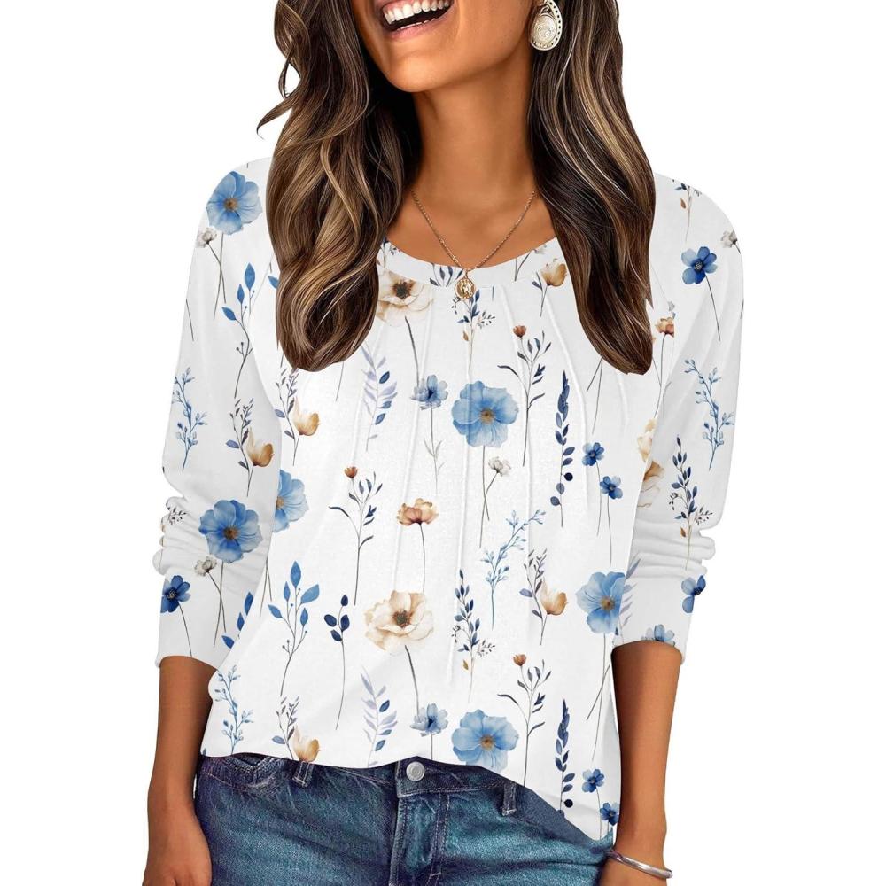 imageZeagoo Fall Tops for Women Long Sleeve Shirts Casual Cotton Blouses 2025 Dressy Pleated TunicsWhite Floral