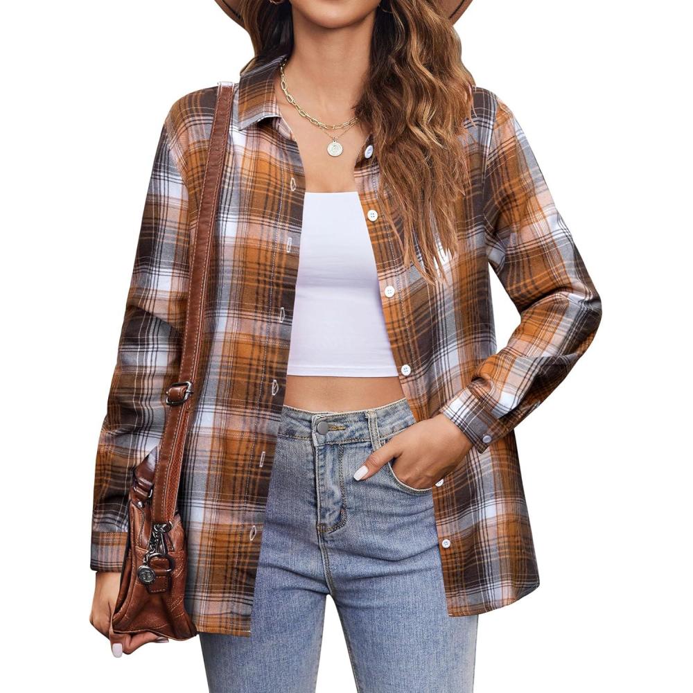imageZeagoo Flannel Shirt Women Button Down Long Sleeve Plaid Shirts Collared Casual Work Tops S2XLGz936