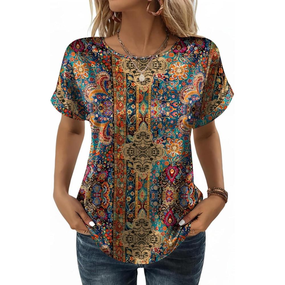 imageZeagoo Satin Blouse for Women Business Casual Outfit Short Sleeve Tops Crewneck Tshirt Silk Shirt Summer ClothesBobo Multicolor 721